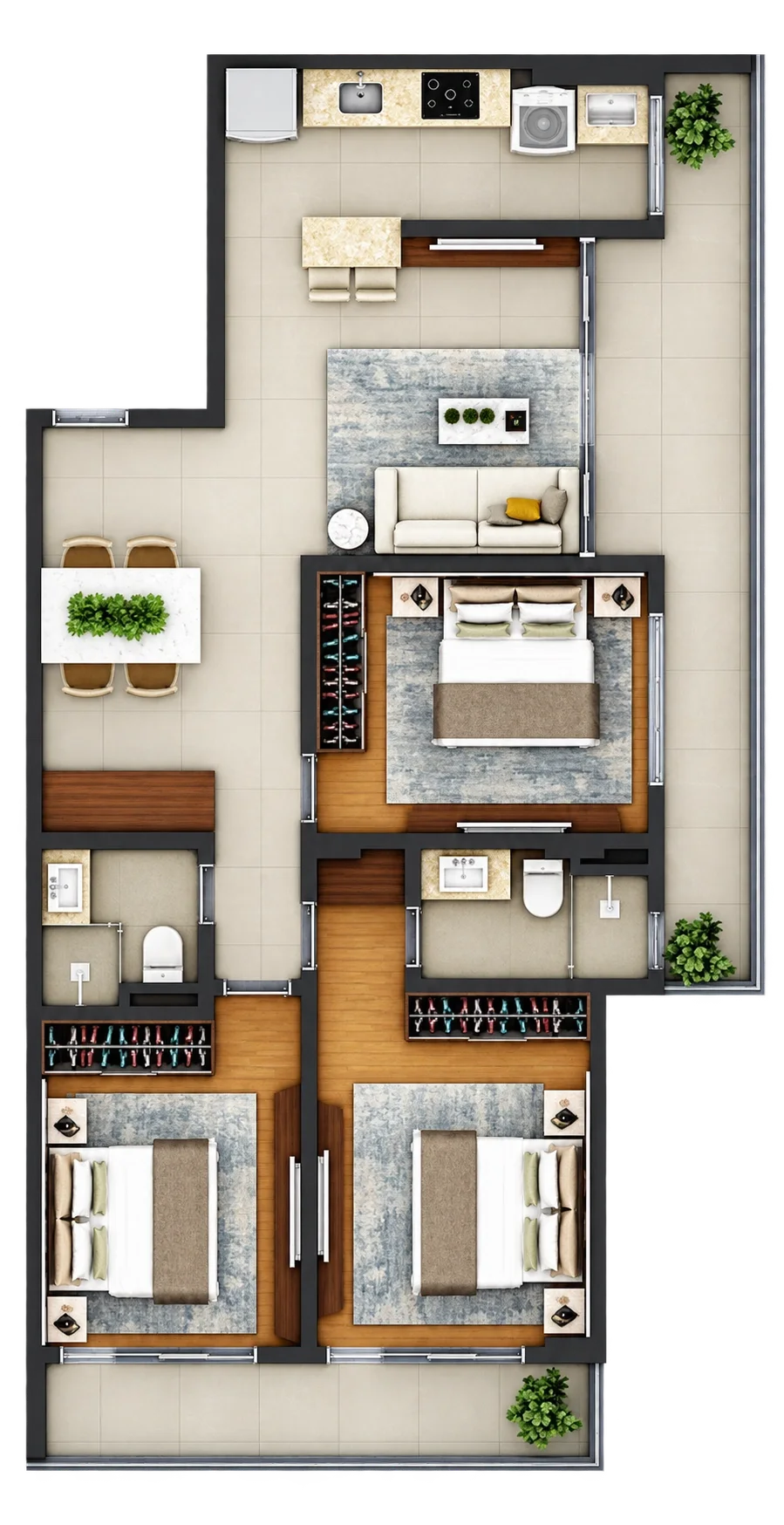 Planta humanizada com volume 3D do apartamento Tipo 02