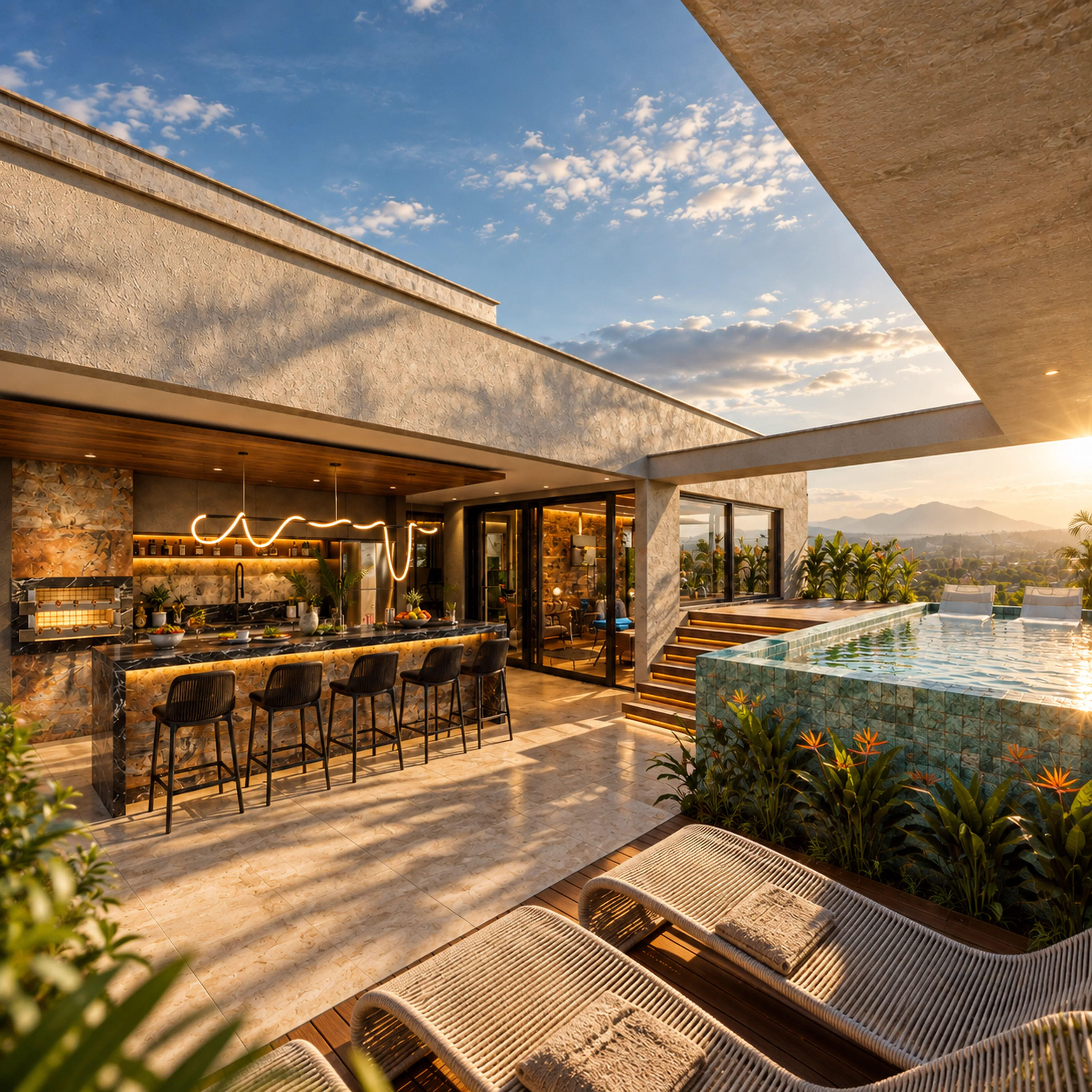 Piscina e espaço gourmet no rooftop