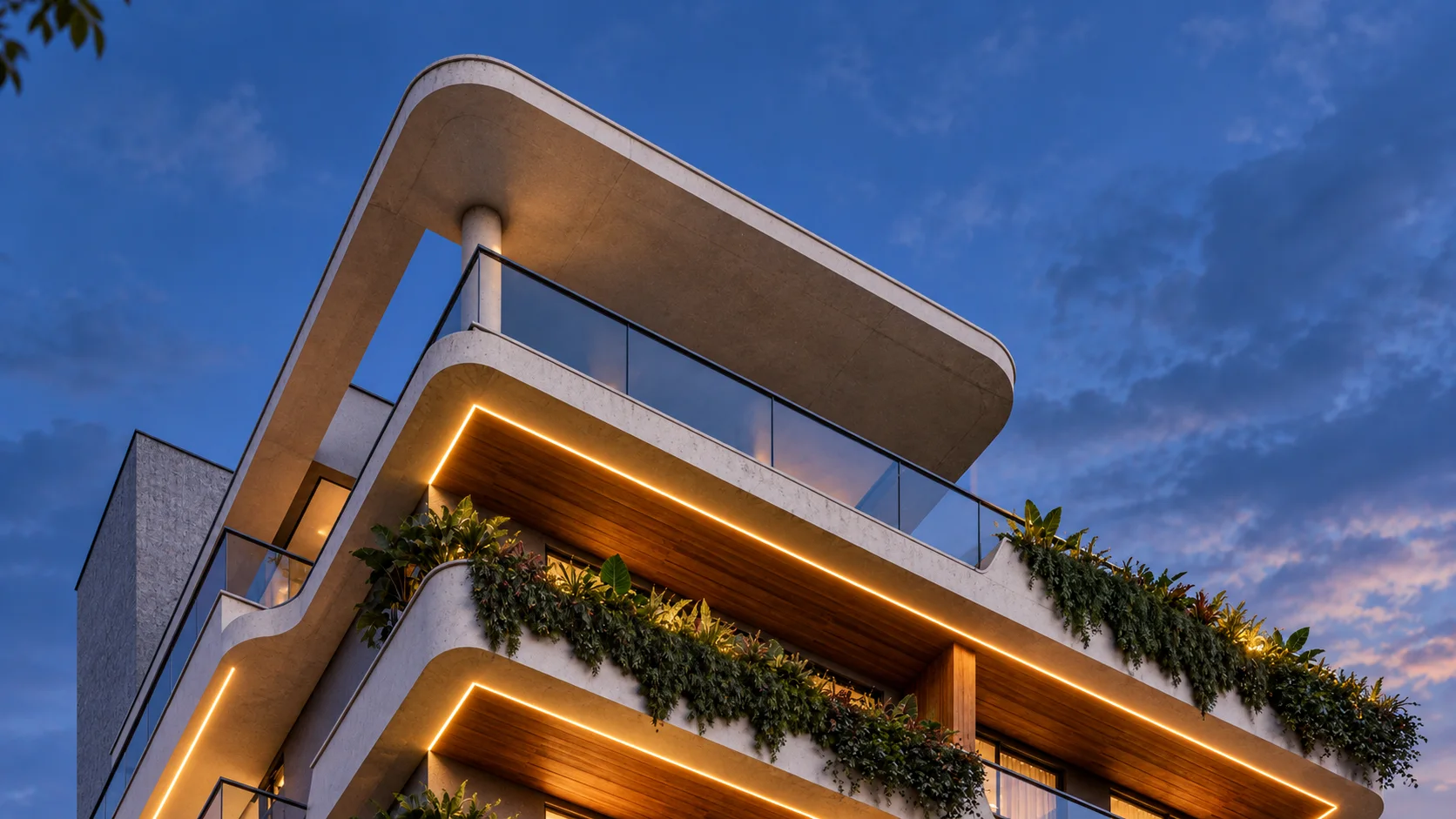 Fachada do acervo Legus, com varandas curvas, vegetação e iluminação ao entardecer.
